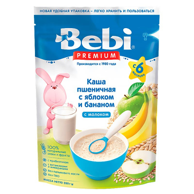 Каша пшеничная с яблоком и бананом с молоком 200 грамм Bebi Premium 87033 1